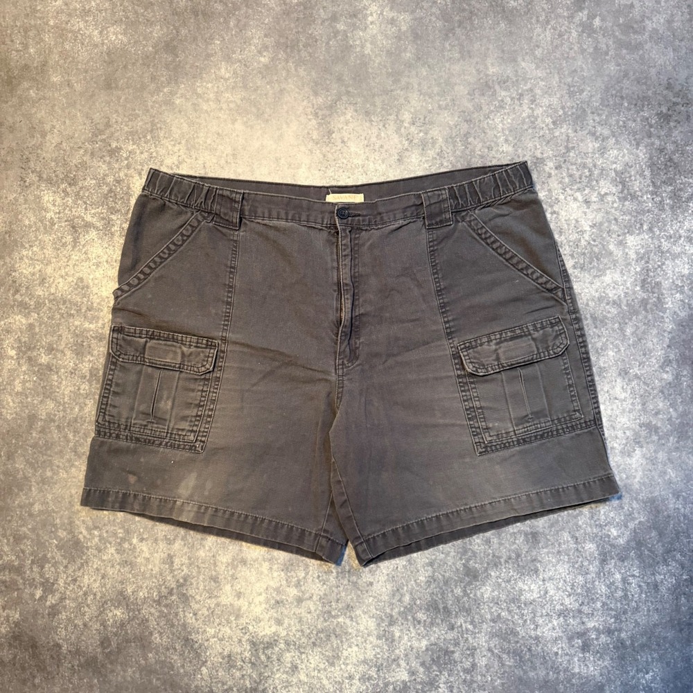 Vintage Savane Mens Front Cargo Shorts Navy Gray Cotton Canvas Elastic Waist 42